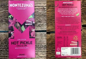 Recall of Montezuma’s Hot Pickle Chilli & Lime Milk Chocolate Bars due to undeclared almonds