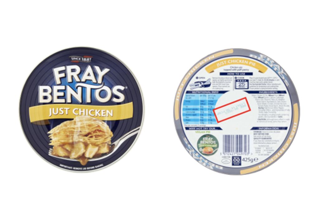 Recall of Fray Bentos Just Chicken Pie due to small pieces of plastic