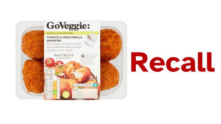 Recall of Waitrose Tomato Mozzarella Arancini due to possible presence of gluten
